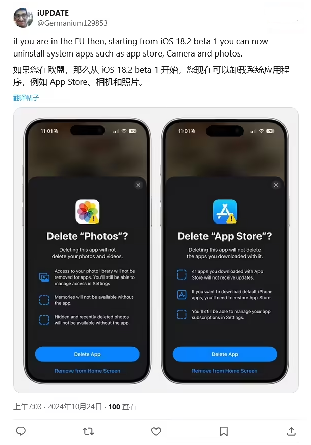 邢台苹果手机维修分享iOS 18.2 支持删除 App Store 应用商店 